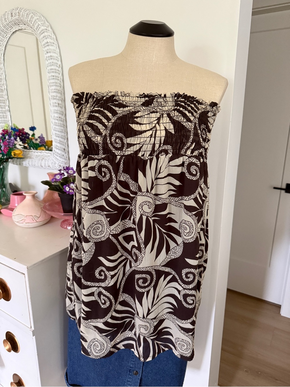 Plus Size Request Strapless Brown & Cream Tropical Print Tube Top